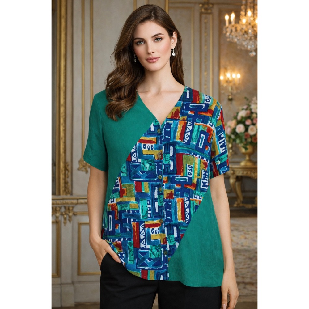 C.M. Shapes Multi Color Geometric Blouse Button Up Woman Size Medium Made in USA